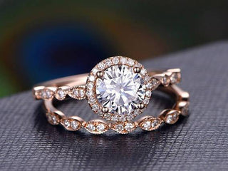 0.75 CT Round Halo Pave Moissanite Bridal Ring Set - Barbara Maison 