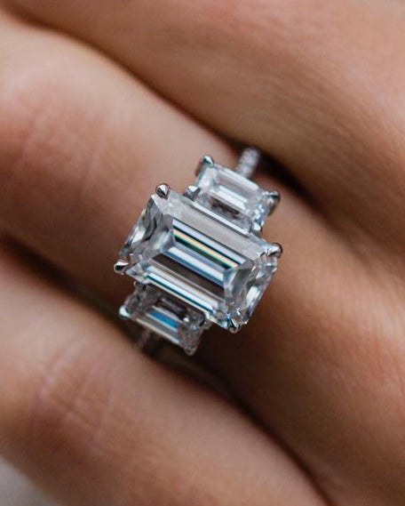 3.80 CT Emerald Three Stone Moissanite Engagement Ring - Barbara Maison 