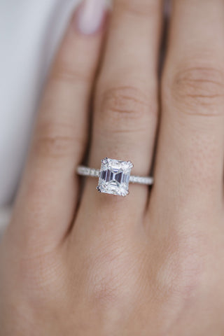 2.30 CT Asscher Solitaire Hidden Halo & Pave Moissanite Engagement Ring - Barbara Maison 