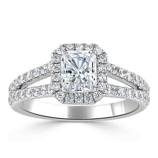 0.75 CT Radiant Cut Halo Split Shank Style Moissanite Engagement Ring - Barbara Maison 