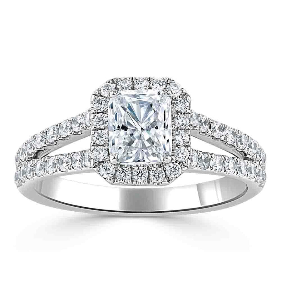 0.75 CT Radiant Cut Halo Split Shank Style Moissanite Engagement Ring - Barbara Maison 