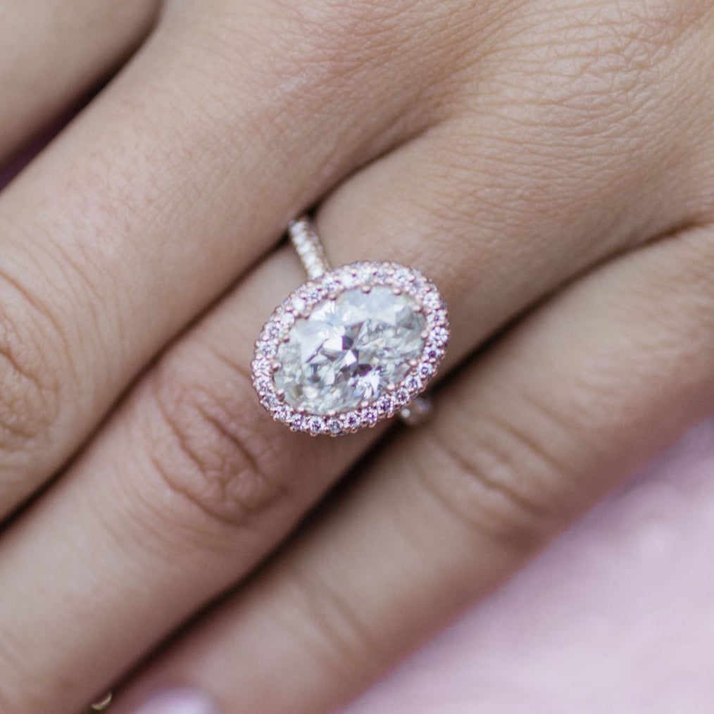 3.90 CT Oval Halo & Pave Moissanite Engagement Ring - Barbara Maison 