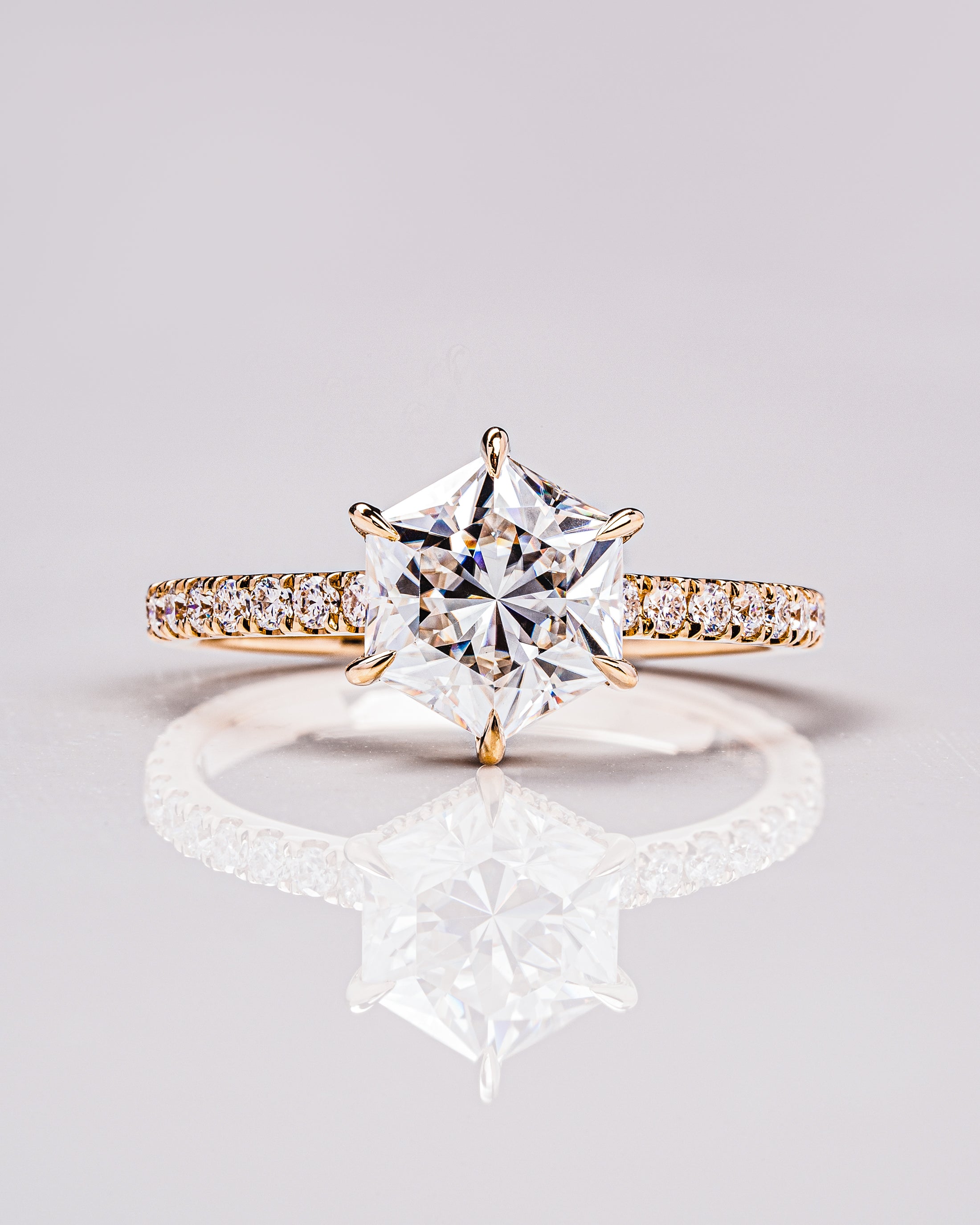 1.3 CT Hexagon Cut Hidden Halo Pave Moissanite Engagement Ring - Barbara Maison 