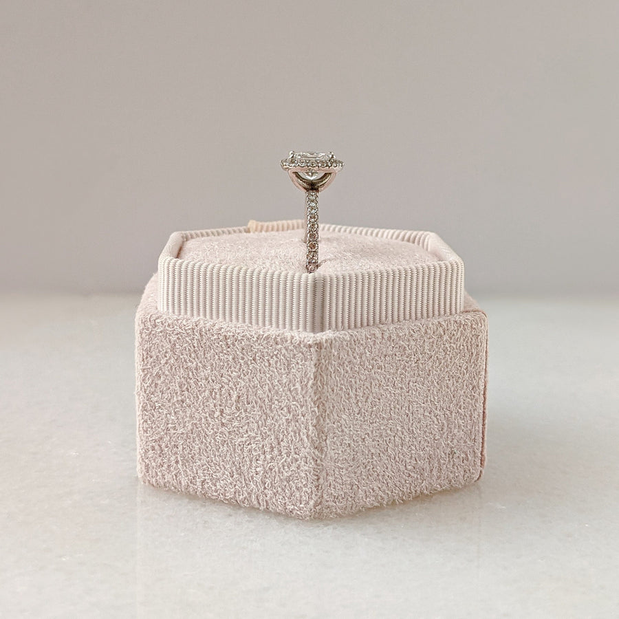 Radiant cut lab grown diamond engagement ring with halo and pavé setting, crafted in polished gold band