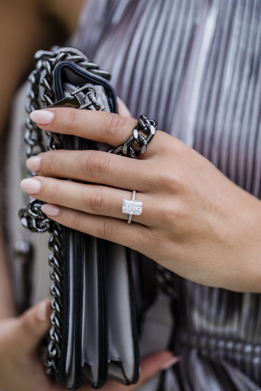 4.60 CT Radiant Solitaire Hidden Halo & Pave Moissanite Engagement Ring - Barbara Maison 