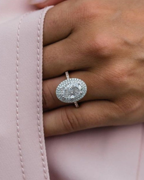 3.85 CT Oval Double Halo Moissanite Engagement Ring - Barbara Maison 