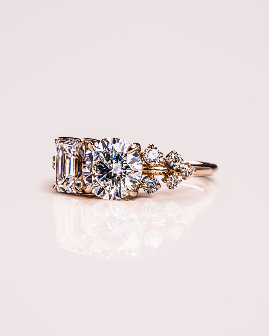 2.80 CT Emerald & Round Cut Two Stone Moissanite Engagement Ring - Barbara Maison 