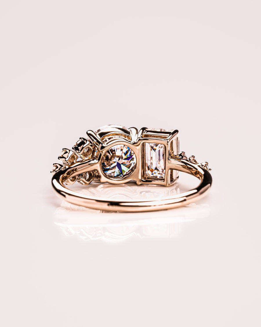 2.80 CT Emerald & Round Cut Two Stone Moissanite Engagement Ring - Barbara Maison 