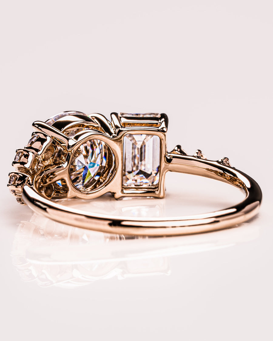 2.80 CT Emerald & Round Cut Two Stone Moissanite Engagement Ring - Barbara Maison 