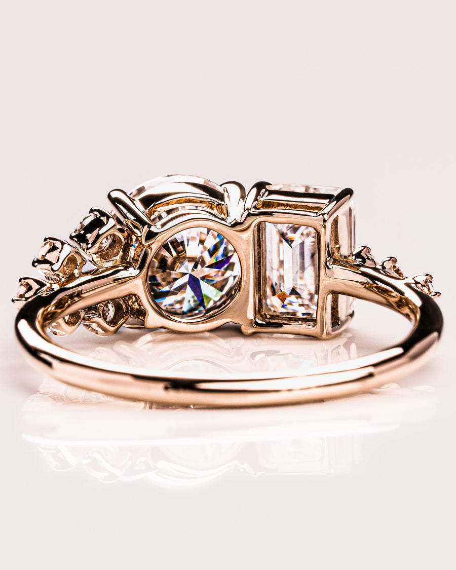 2.80 CT Emerald & Round Cut Two Stone Moissanite Engagement Ring - Barbara Maison 