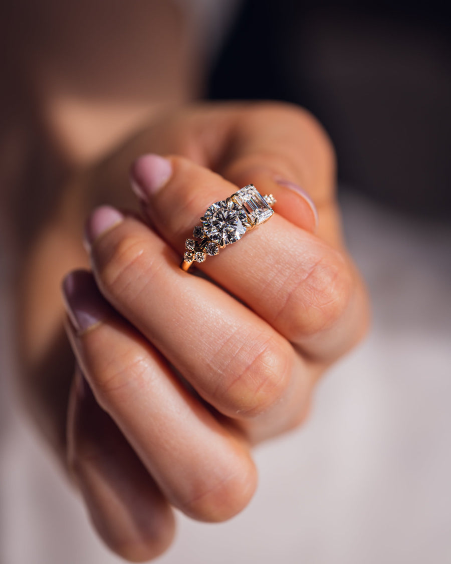 2.80 CT Emerald & Round Cut Two Stone Moissanite Engagement Ring - Barbara Maison 