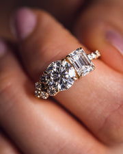 2.80 CT Emerald & Round Cut Two Stone Moissanite Engagement Ring - Barbara Maison 