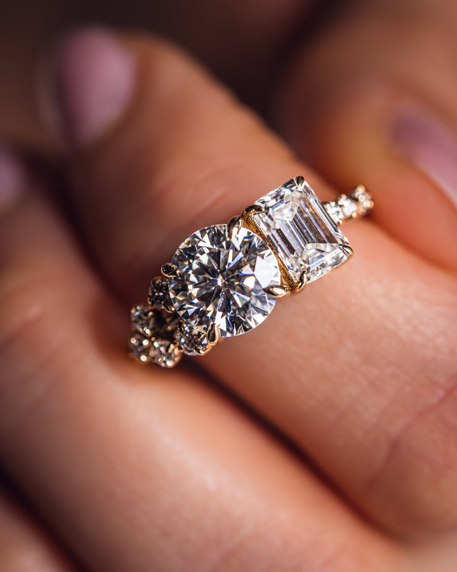 2.80 CT Emerald & Round Cut Two Stone Moissanite Engagement Ring - Barbara Maison 