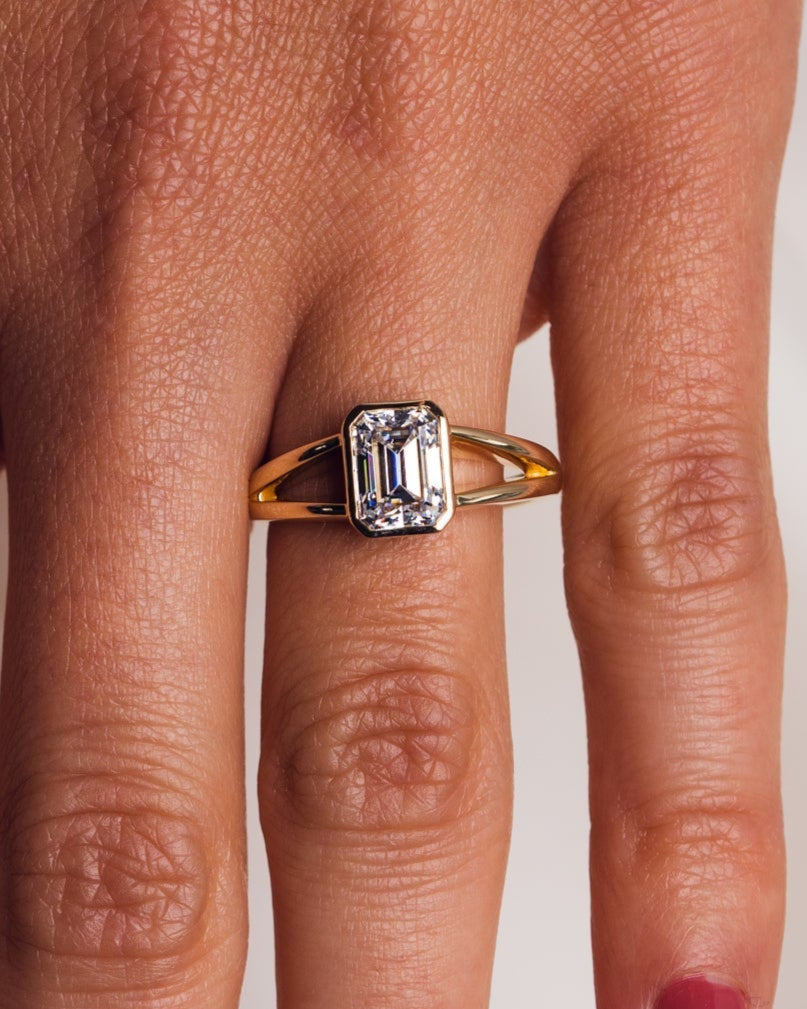 1.6 CT Emerald Bezel Solitaire Split Shank Style Moissanite Engagement Ring - Barbara Maison 