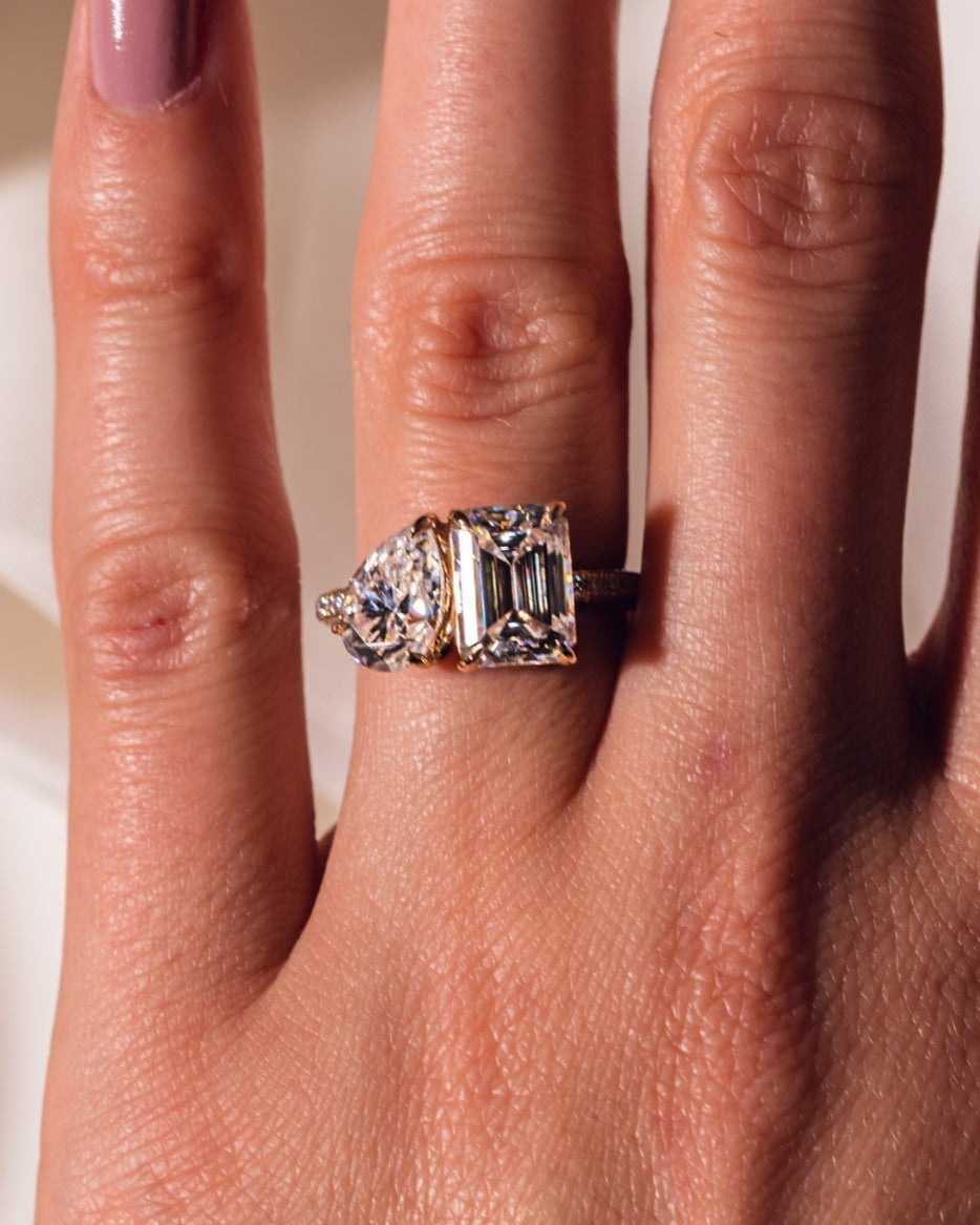 2.25 CT Emerald & Pear Two Stone Moissanite Engagement Ring With Three Side Pave Setting - Barbara Maison 