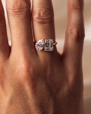 3.75 CT Emerald & Pear Cut Two Stone Moissanite Engagement Ring - Barbara Maison 