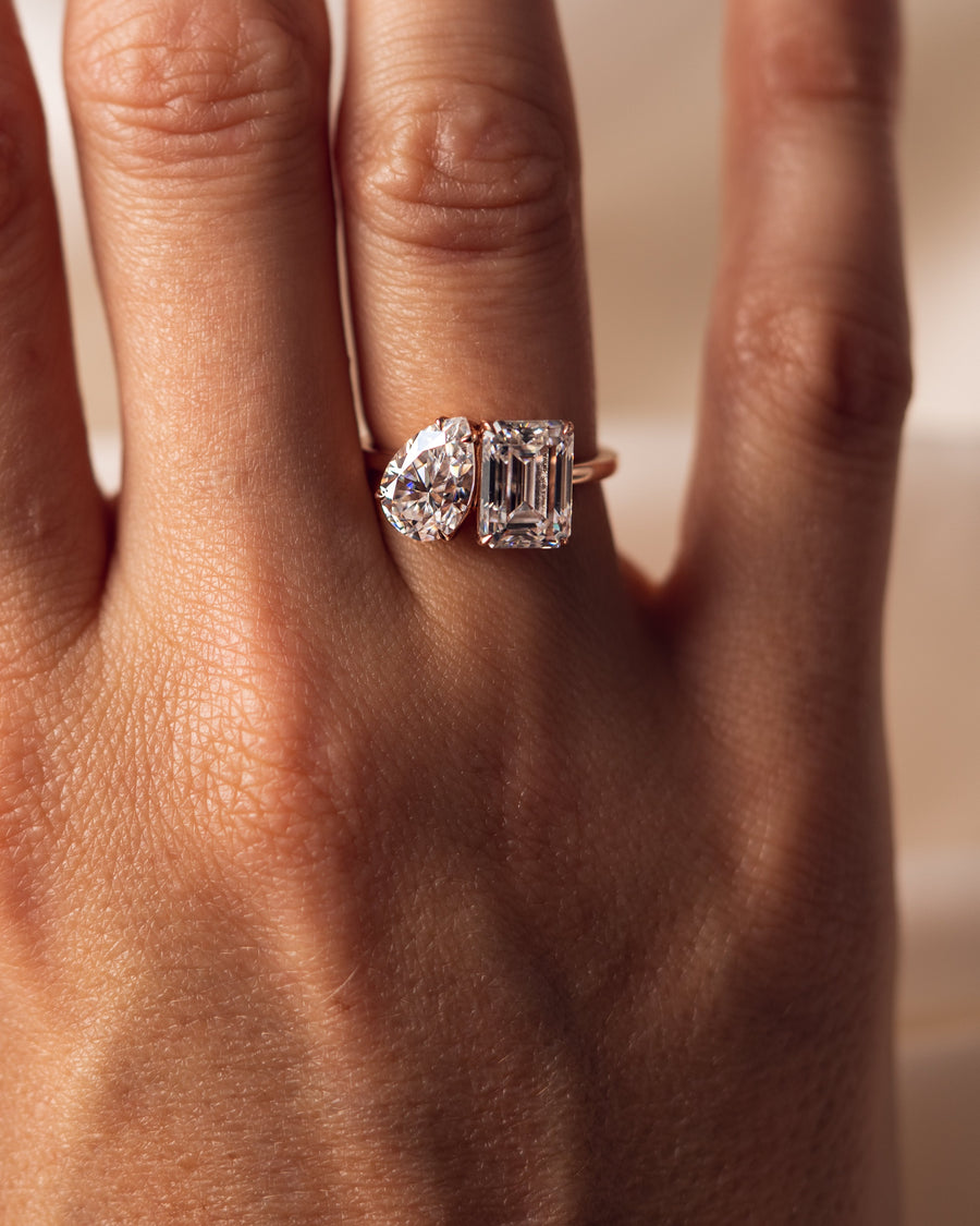 3.75 CT Emerald & Pear Cut Two Stone Moissanite Engagement Ring - Barbara Maison 