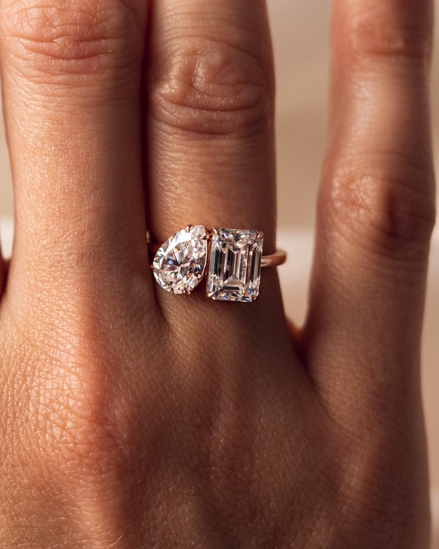 3.75 CT Emerald & Pear Cut Two Stone Moissanite Engagement Ring - Barbara Maison 