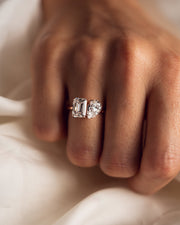 3.75 CT Emerald & Pear Cut Two Stone Moissanite Engagement Ring - Barbara Maison 