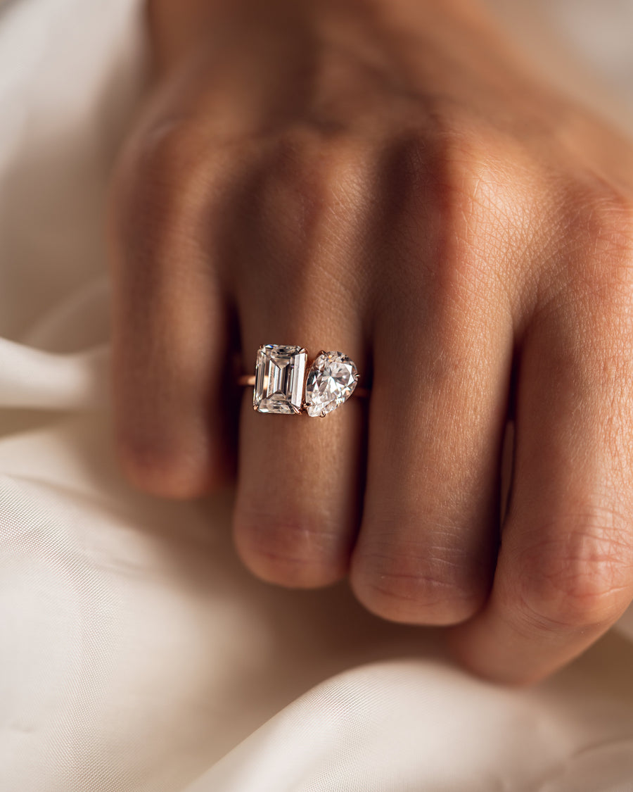 3.75 CT Emerald & Pear Cut Two Stone Moissanite Engagement Ring - Barbara Maison 