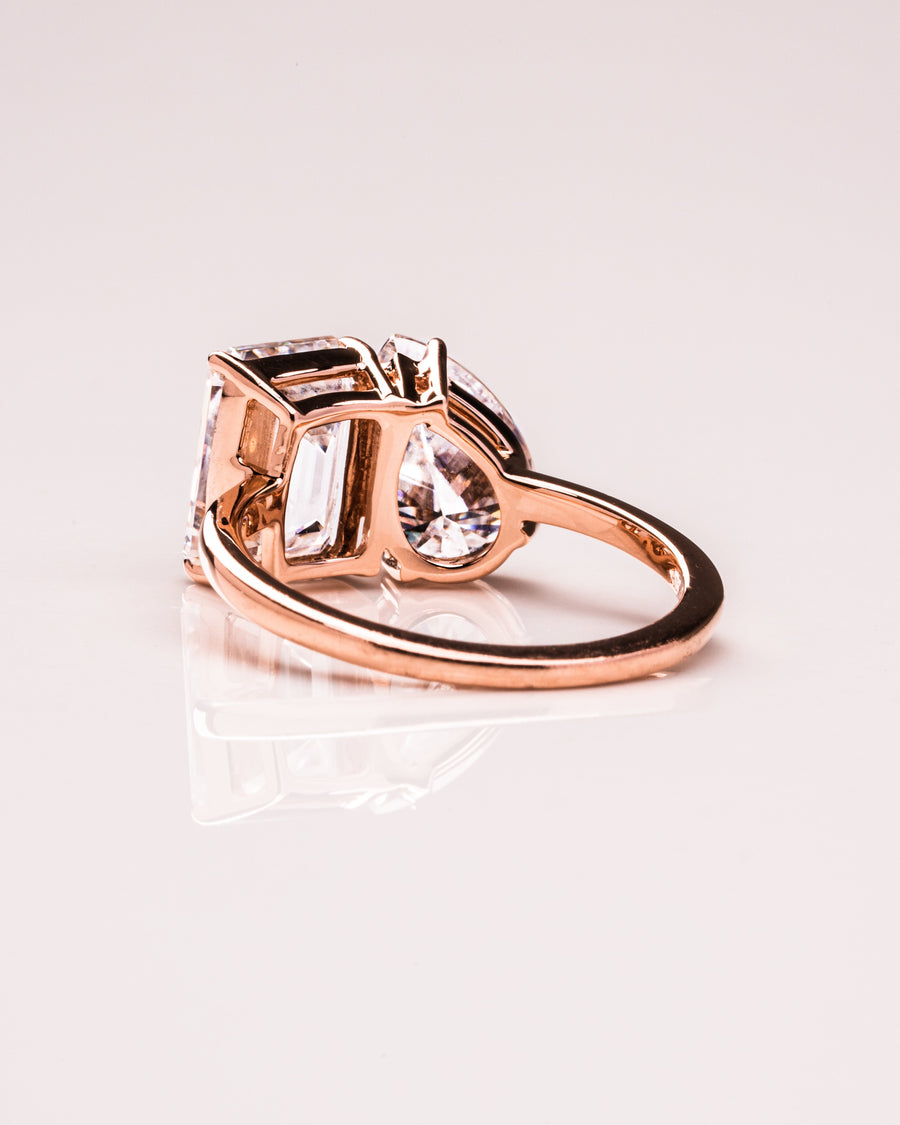 3.75 CT Emerald & Pear Cut Two Stone Moissanite Engagement Ring - Barbara Maison 