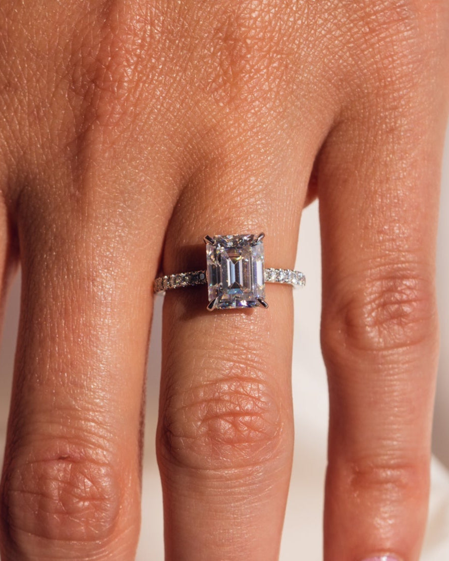 2.30 CT Radiant Cut Solitaire Hidden Halo/ Pave Setting Moissanite Engagement Ring - Barbara Maison 