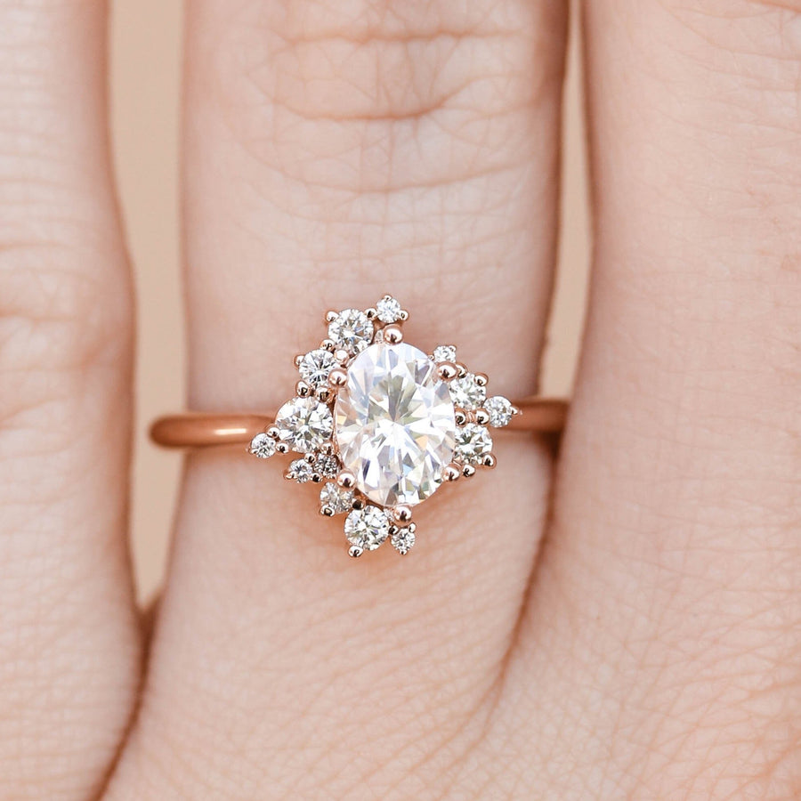 0.84 CT Oval Cut Cluster Moissanite Engagement Ring - Barbara Maison 
