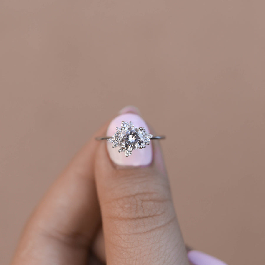 0.86 CT Round Cut Cluster Moissanite Engagement Ring - Barbara Maison 