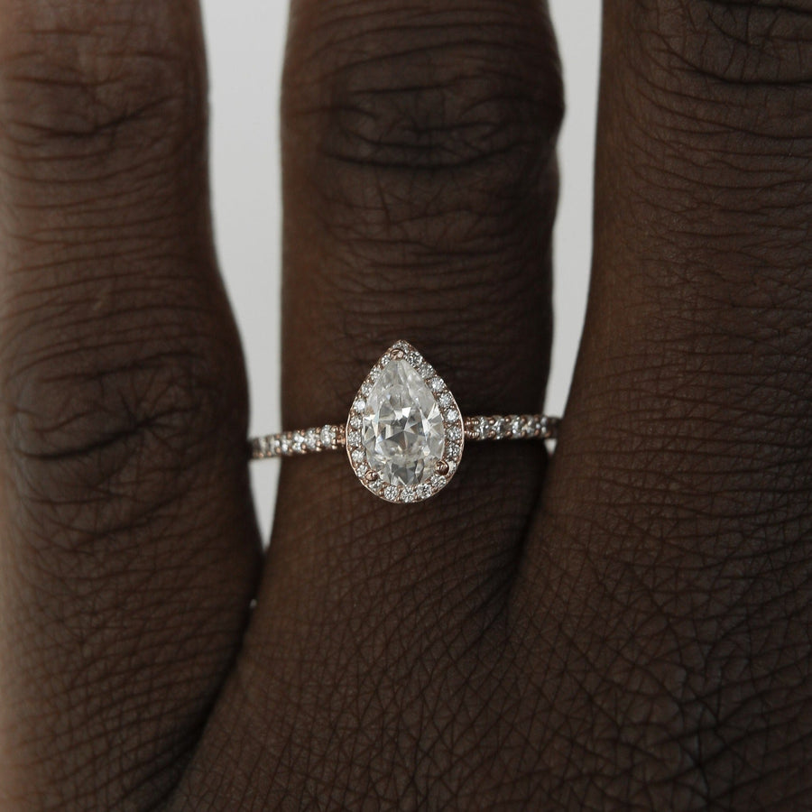 0.85 - 1.33 CT Pear Cut Halo Moissanite Engagement Ring - Barbara Maison 