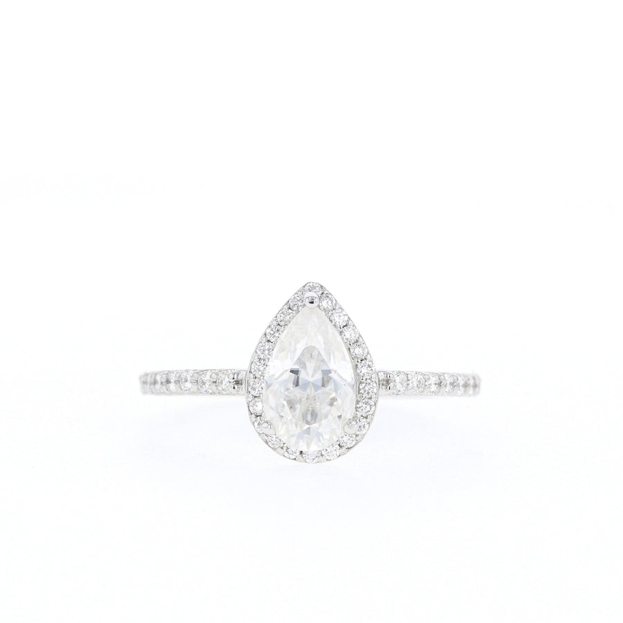 0.85 - 1.33 CT Pear Cut Halo Moissanite Engagement Ring - Barbara Maison 
