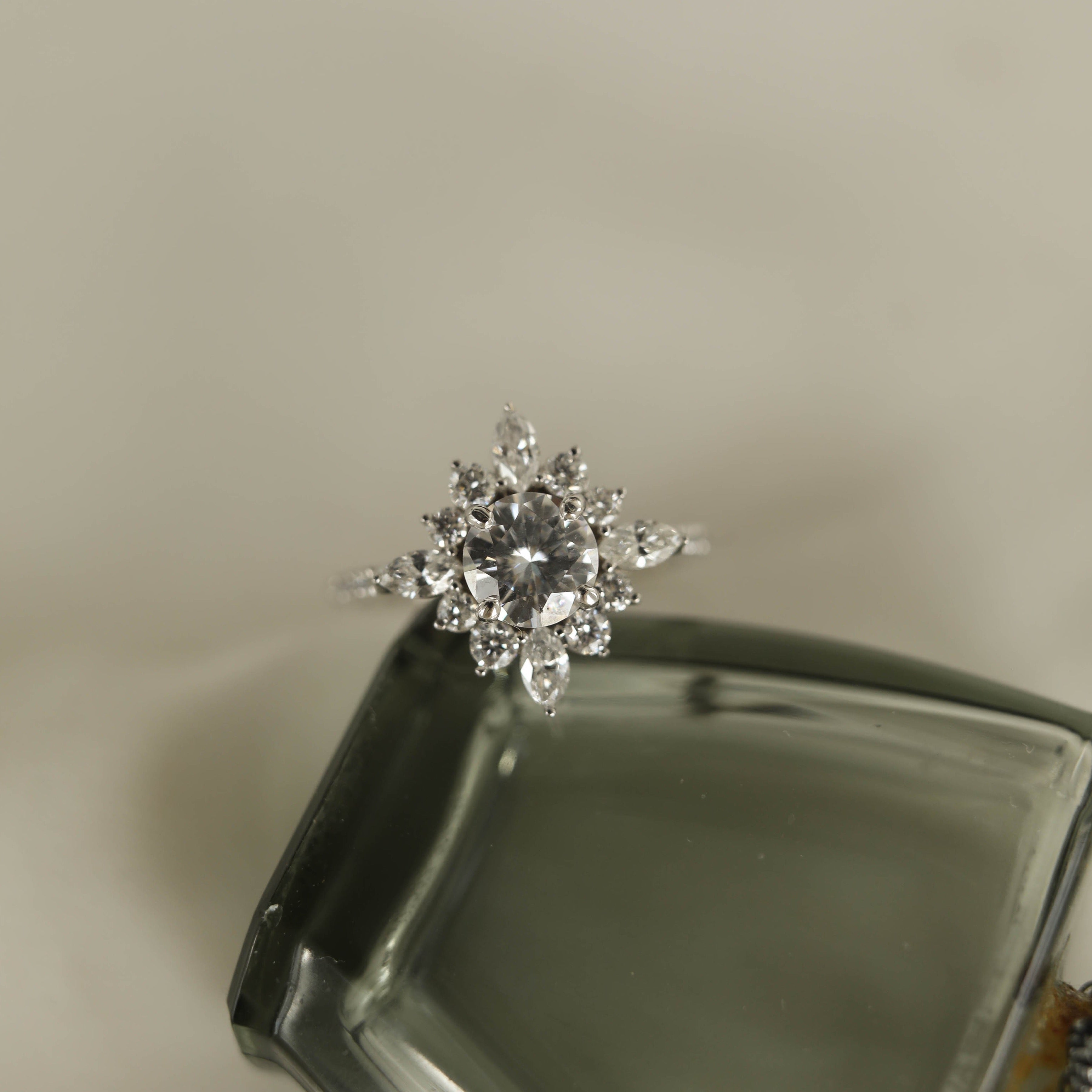 0.88 CT Round Cut Cluster Halo Moissanite Engagement Ring - Barbara Maison 