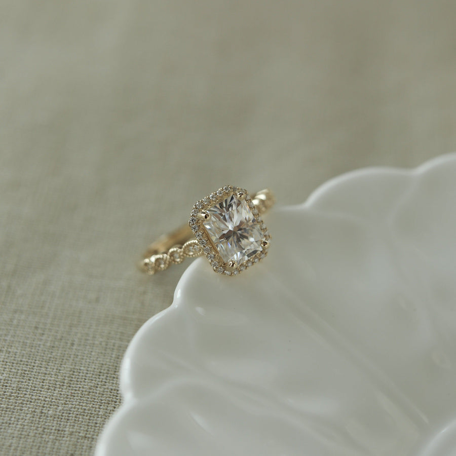 1.04 - 2.1 CT Radiant Cut Halo Moissanite Engagement Ring - Barbara Maison 