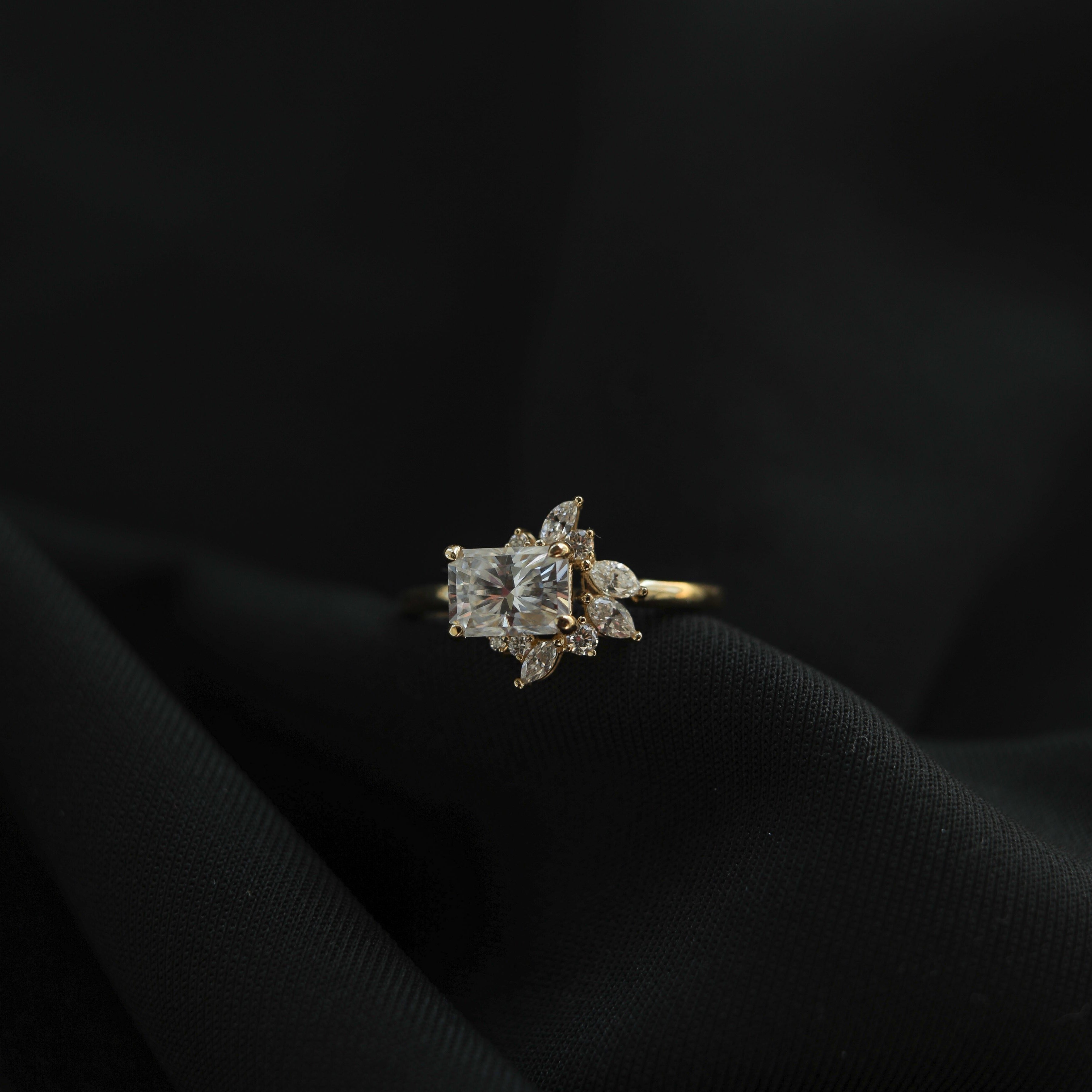 1.04 - 1.67 CT Radiant Cust Cluster Moissanite Engagement Ring - Barbara Maison 