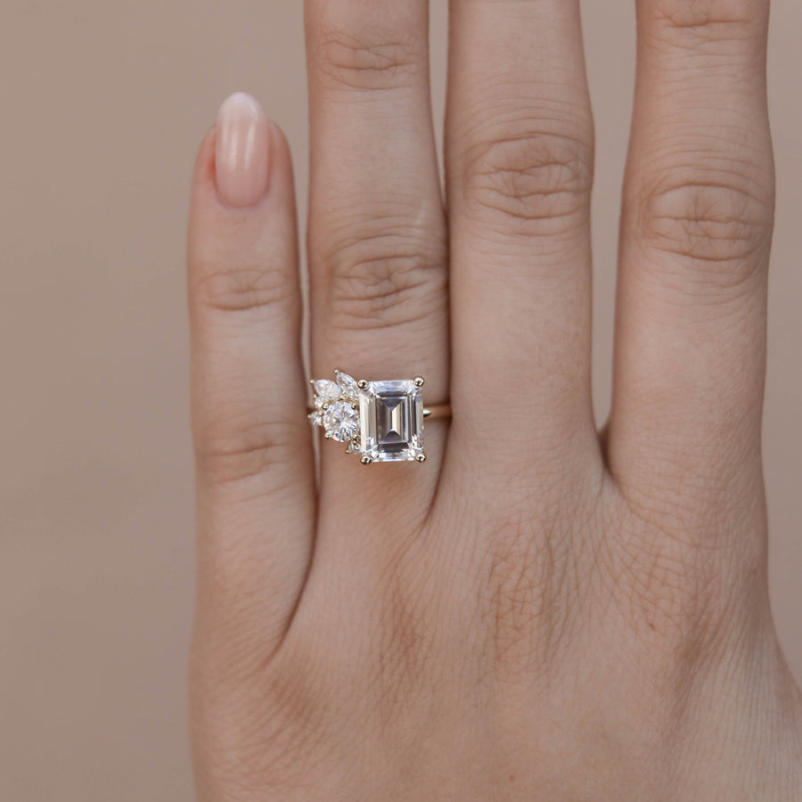 2.3 CT Emerald Cluster Style Moissanite Engagement Ring - Barbara Maison 