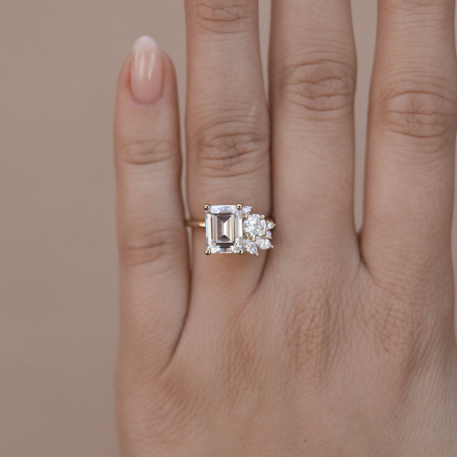 2.3 CT Emerald Cluster Style Moissanite Engagement Ring - Barbara Maison 