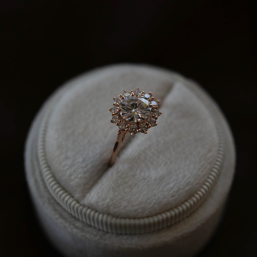 0.88 CT Round Cut Halo Moissanite Engagement Ring - Barbara Maison 