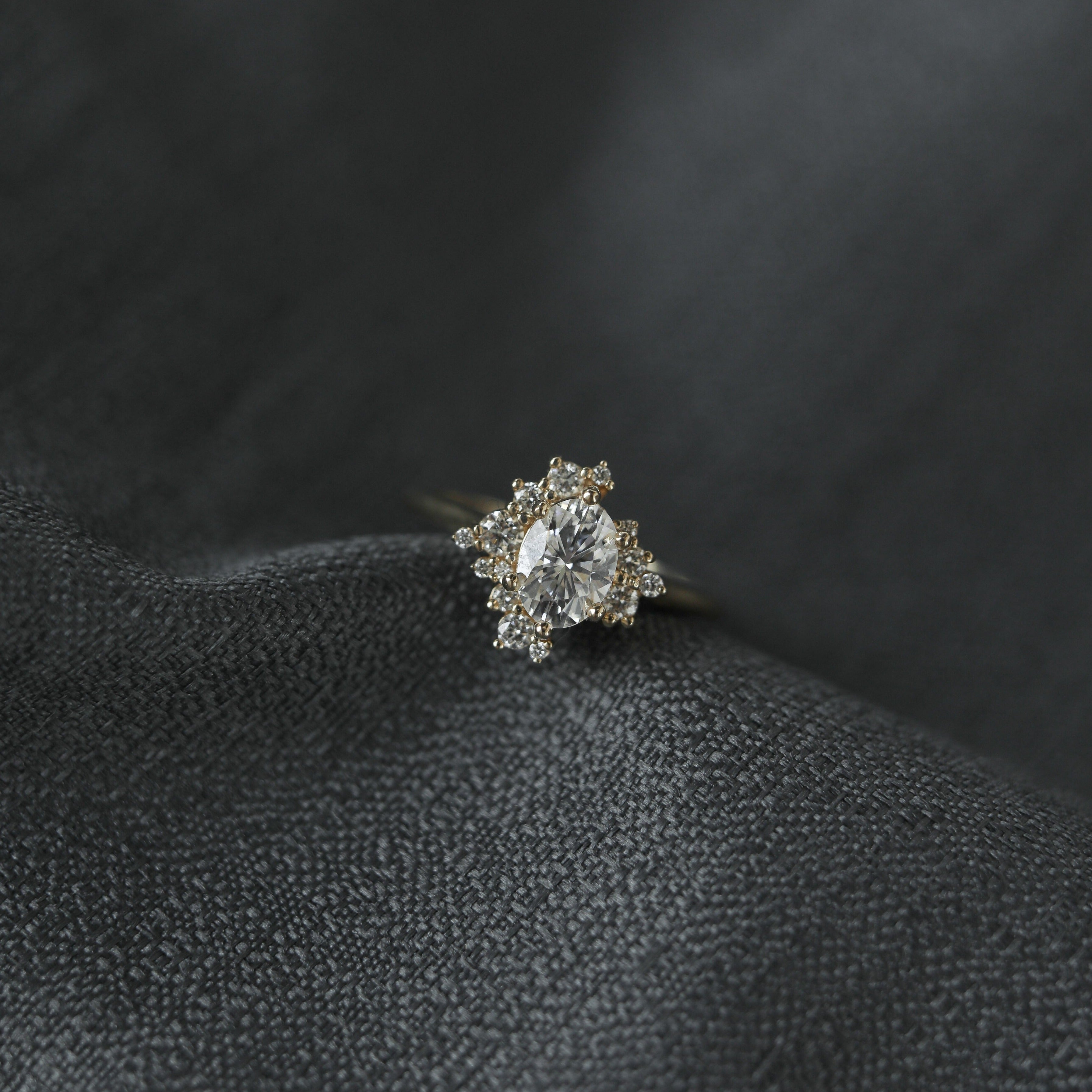 0.84 CT Oval Cut Cluster Moissanite Engagement Ring - Barbara Maison 