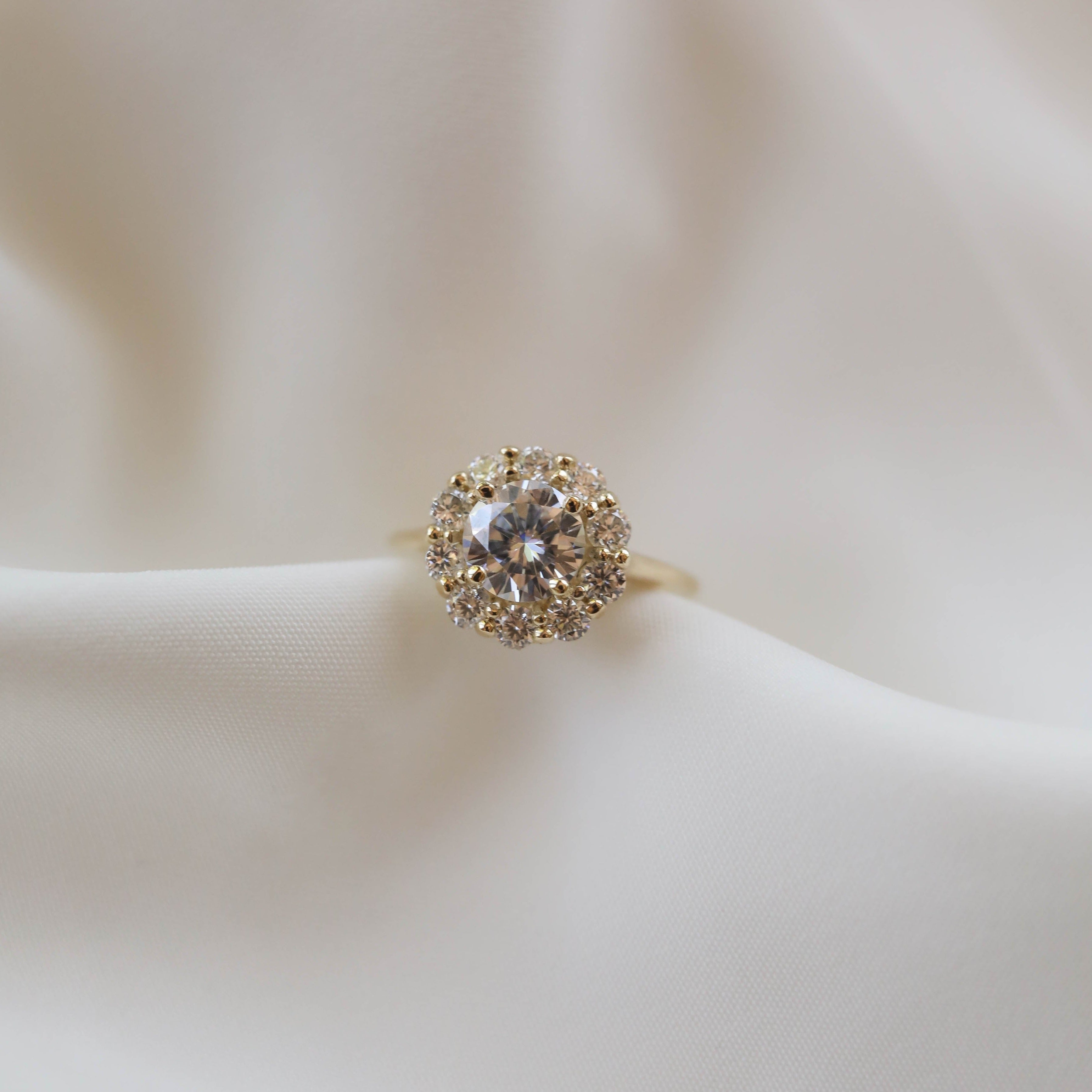 0.88 CT Round Cut Halo Moissanite Engagement Ring - Barbara Maison 