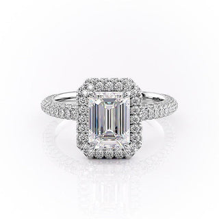 1.91 CT Emerald Cut Halo Triple Pave Setting Moissanite Engagement Ring - Barbara Maison 