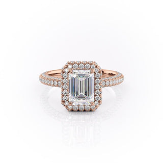 1.91 CT Emerald Cut Halo Triple Pave Setting Moissanite Engagement Ring - Barbara Maison 