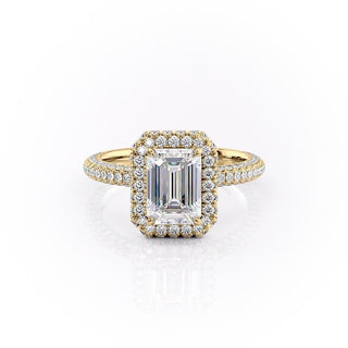 1.91 CT Emerald Cut Halo Triple Pave Setting Moissanite Engagement Ring - Barbara Maison 