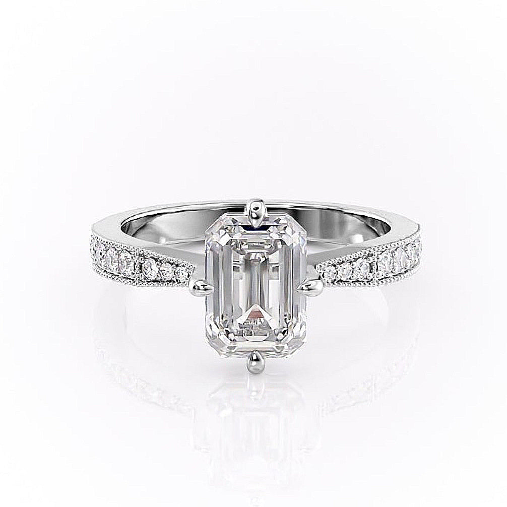 2.10 CT Emerald Cut Solitaire Pave Setting Moissanite Engagement Ring - Barbara Maison 