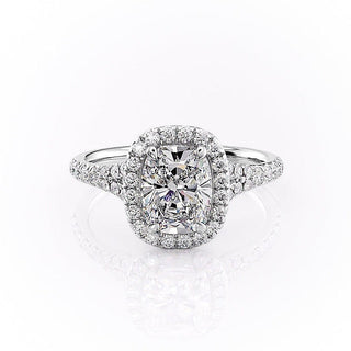 2.0 Elongated Cushion Cut Halo Split Shank Setting Moissanite Engagement Ring - Barbara Maison 