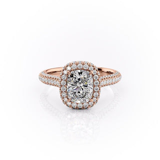 2.0 CT Elongated Cushion Cut Halo Triple Pave Moissanite Engagement Ring - Barbara Maison 