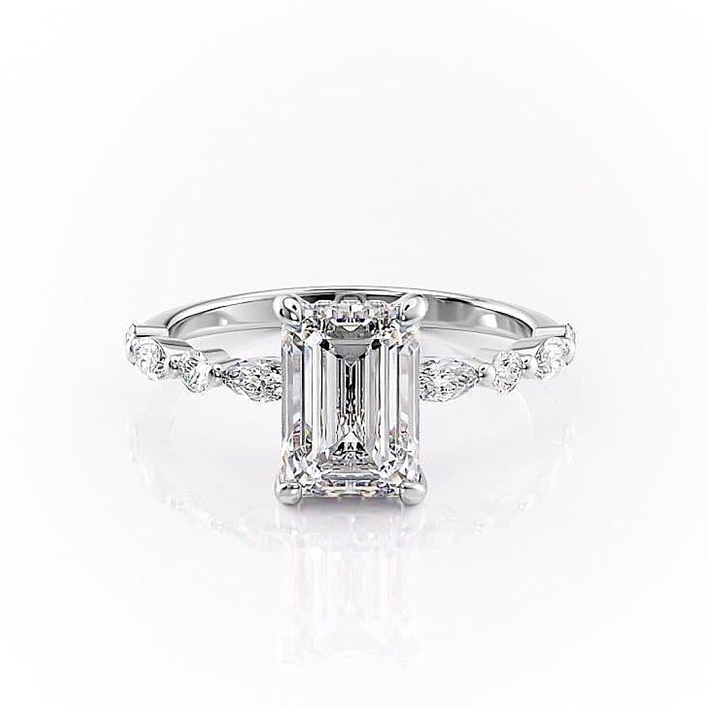 2.10 CT Emerald Cut Solitaire Pave Setting Moissanite Engagement Ring - Barbara Maison 