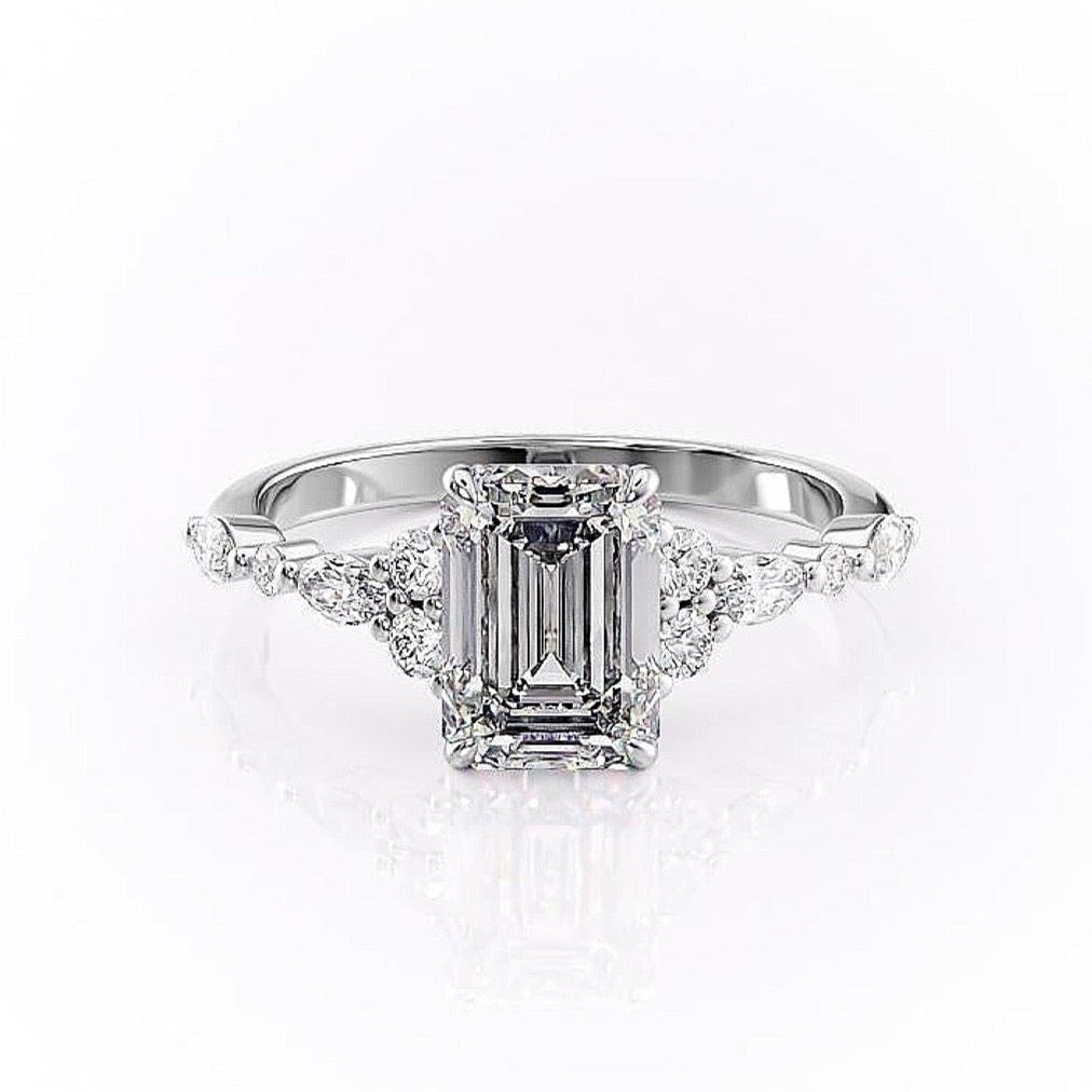 2.10 CT Emerald Cut Cluster Moissanite Engagement Ring - Barbara Maison 