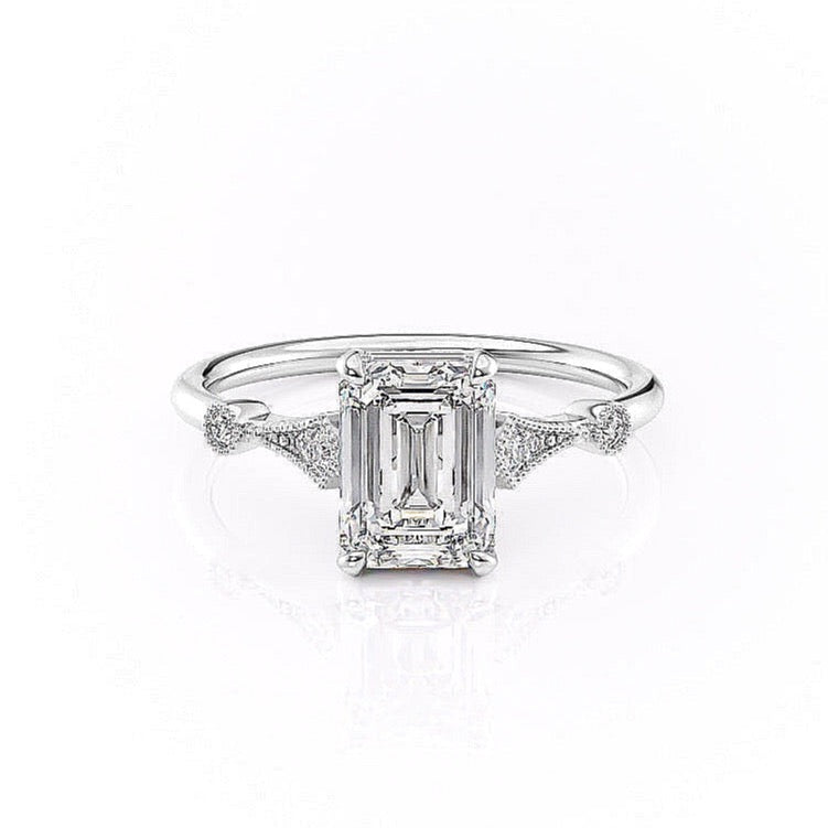 1.91 CT Emerald Cut Solitaire Milgrain Pave Set Moissanite Engagement Ring - Barbara Maison 
