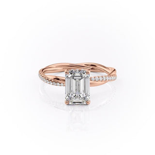 2.10 CT Emerald Cut Solitaire Twisted Pave Moissanite Engagement Ring - Barbara Maison 