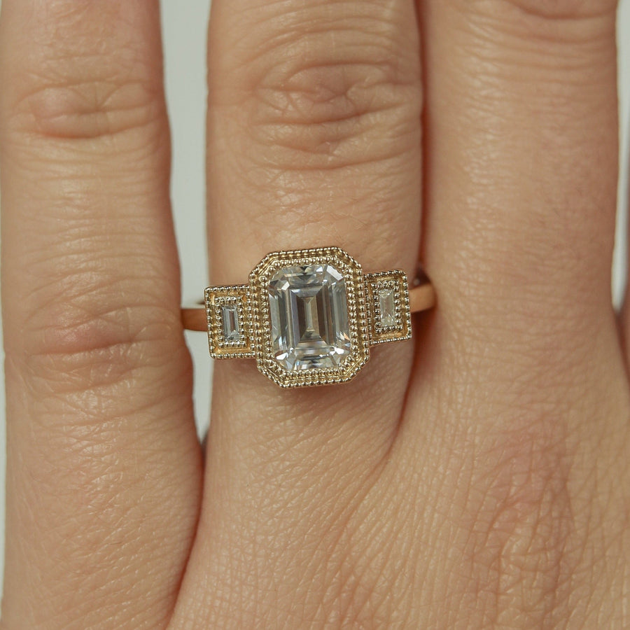 1.60 CT Emerald Cut Three Stone Moissanite Engagement Ring - Barbara Maison 