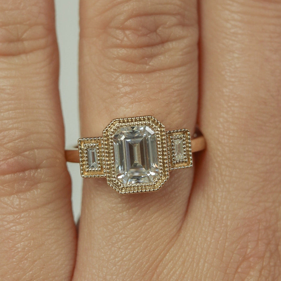 1.60 CT Emerald Cut Three Stone Moissanite Engagement Ring - Barbara Maison 